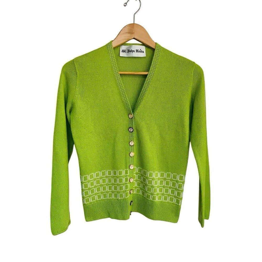 St John Knits VTG 70s Cardigan Sweater Lime Green White Square Detail Women’s S
